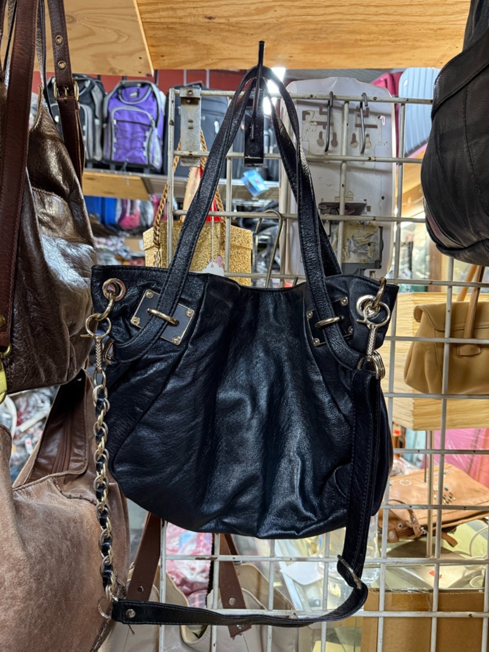Elliot Lucca Black Real Leather Tote Shoulder Bag - Women's Fashion Handbag - Picture 11 of 14